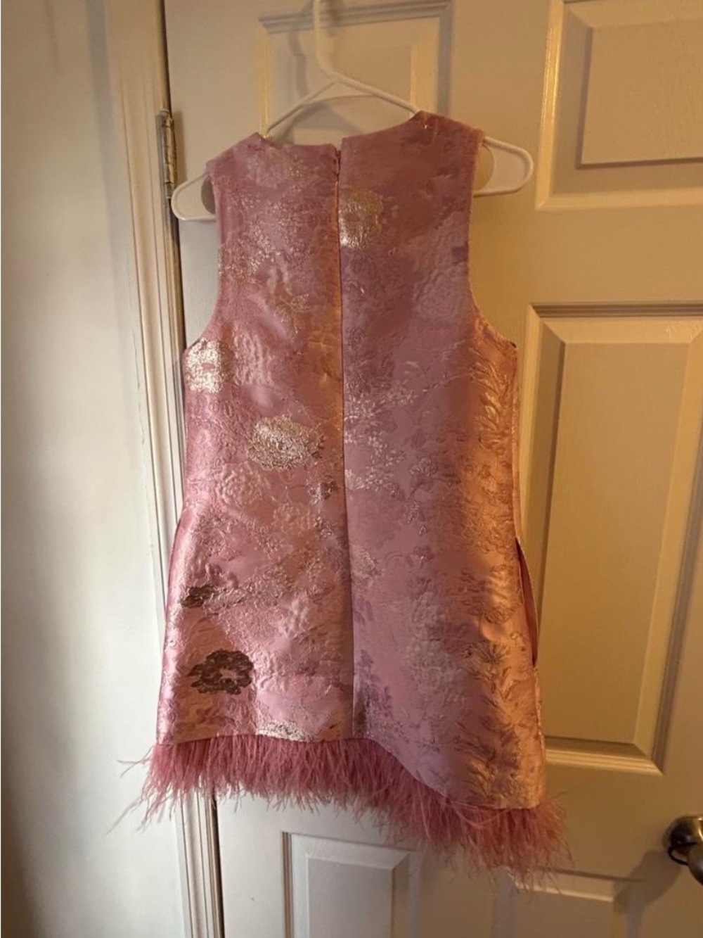 Women’s Pink Metallic Brocade Dress with Feather Hem - Picture 2 of 4